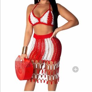 Red and White Crochet Skirt Set